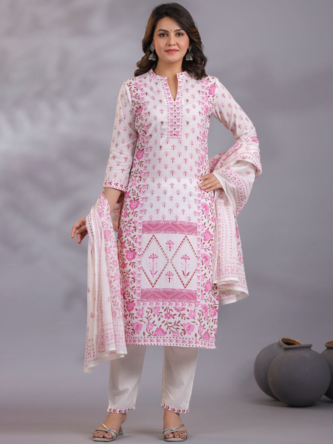 

KALINI Ethnic Motifs Printed Pure Cotton Kurta With Trousers & Dupatta, White