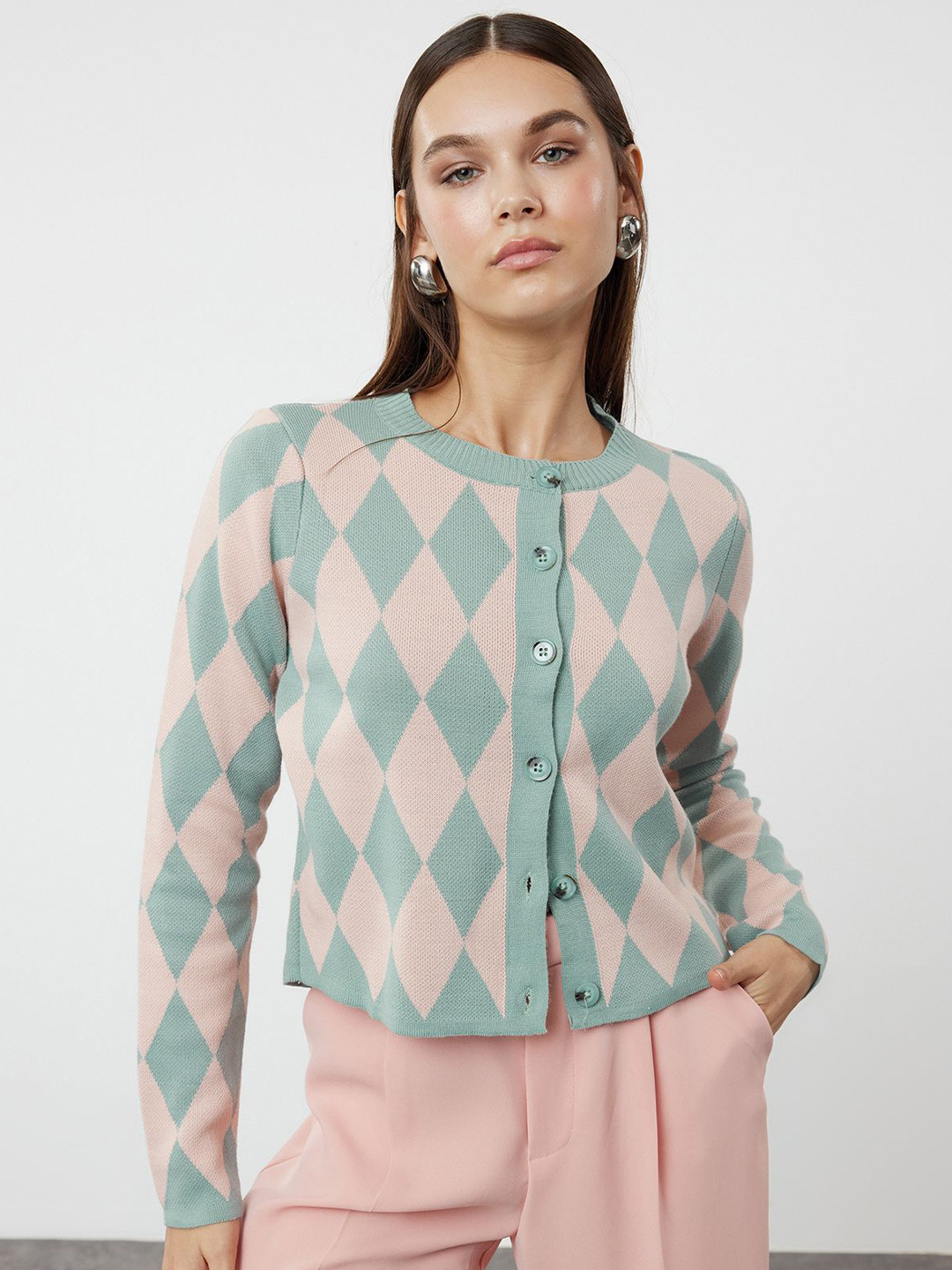 

Trendyol Women Checked Cardigan, Pink