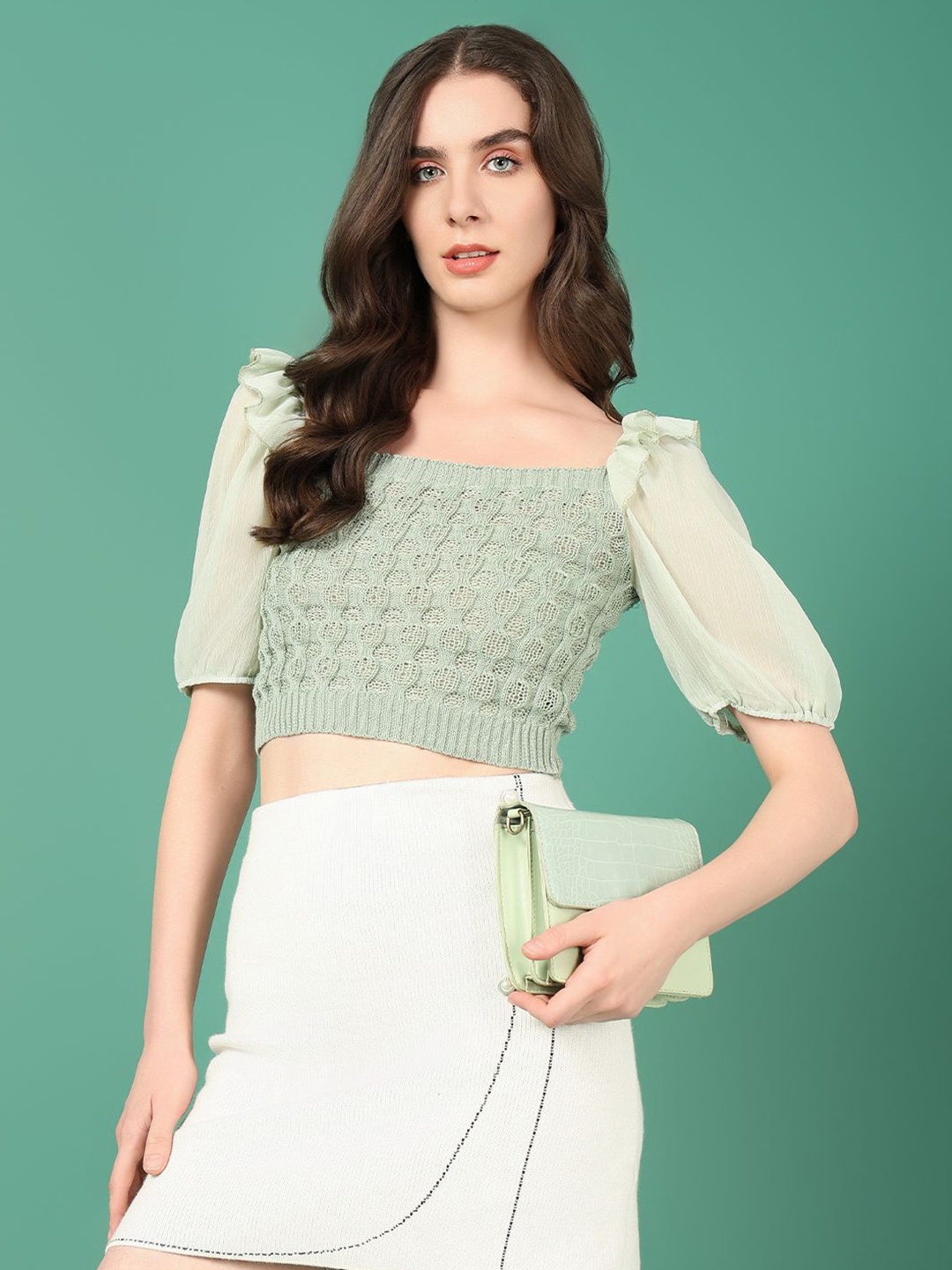 

SHOWOFF Puff Sleeve Crochet Blouson Crop Top, Sea green