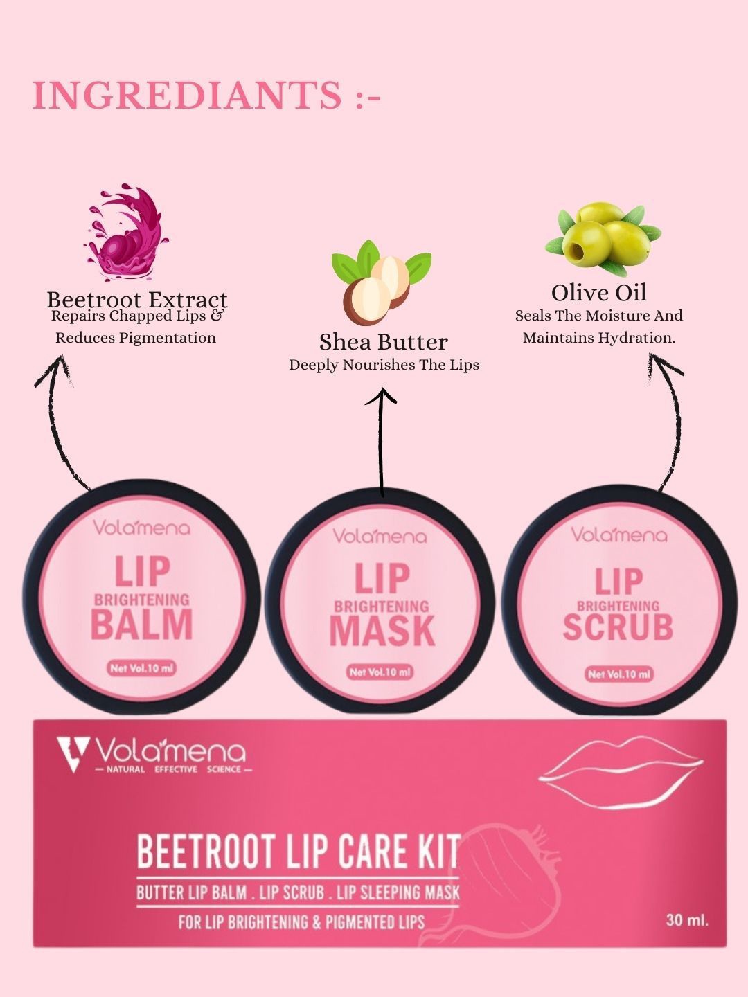 

Volamena Set Of 3 Lip Brightening Beetroot Lip Care Kit 10ml Each - Balm Mask Scrub, Pink