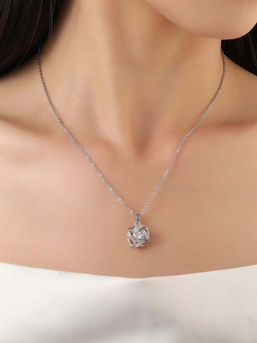 

SALTY Stainless Steel Stone Studded Warpped Solitaire Pendant with Chain, Silver