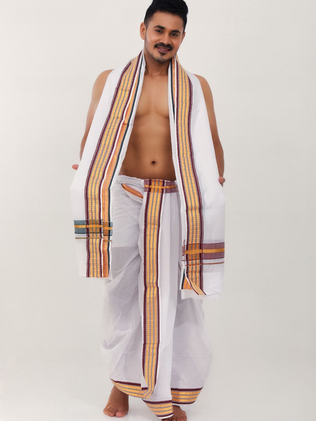 

Ethazh Men Solid Cotton Dhoti With Angavastram, White