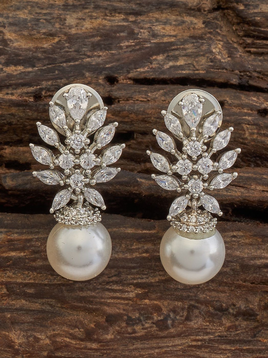 

Kushal's Fashion Jewellery Rhodium-Plated Cubic Zirconia Leaf Shaped Drop Earrings, Silver