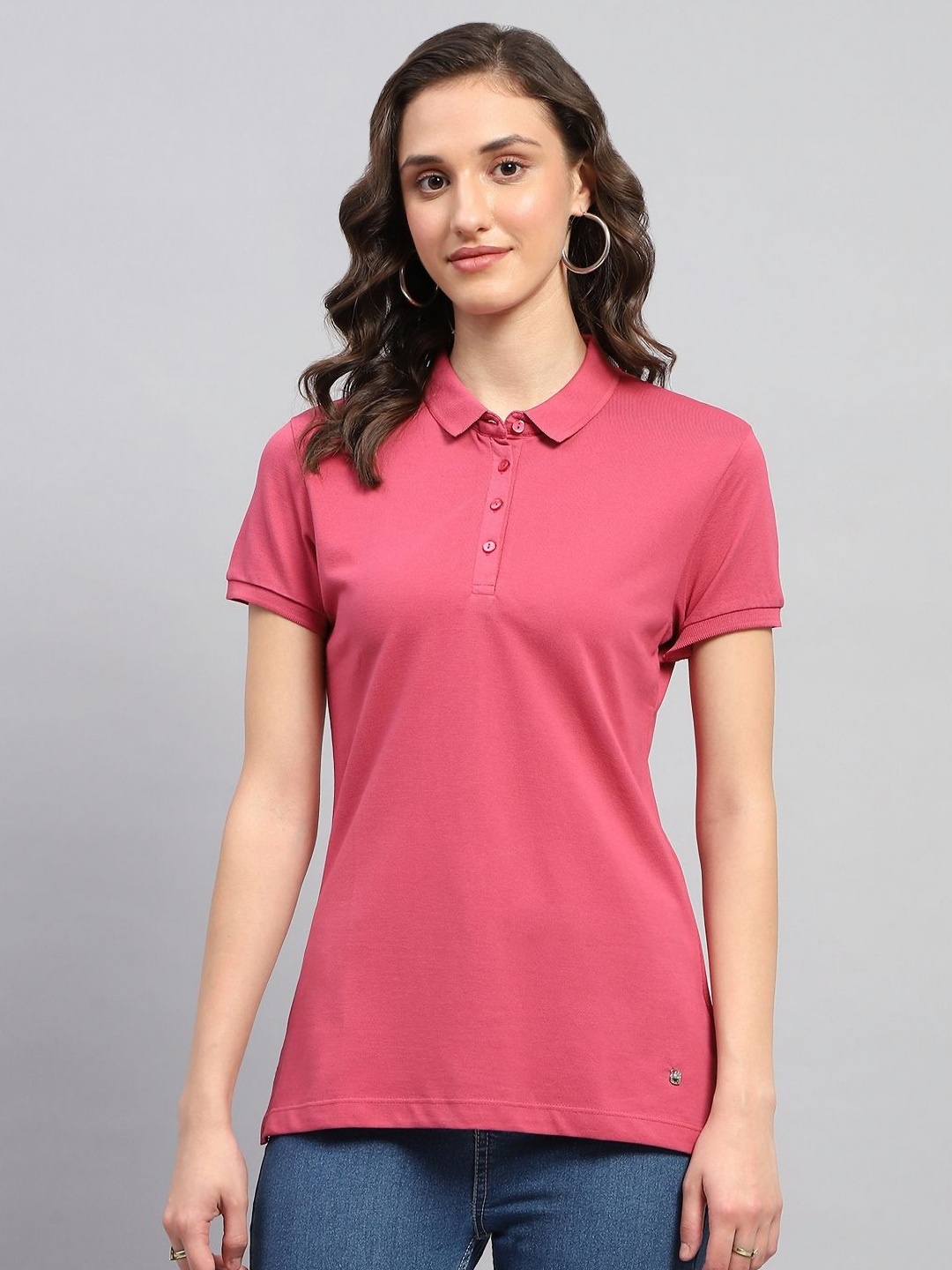 

Monte Carlo Women Solid Polo Collar Cotton T-shirt, Pink