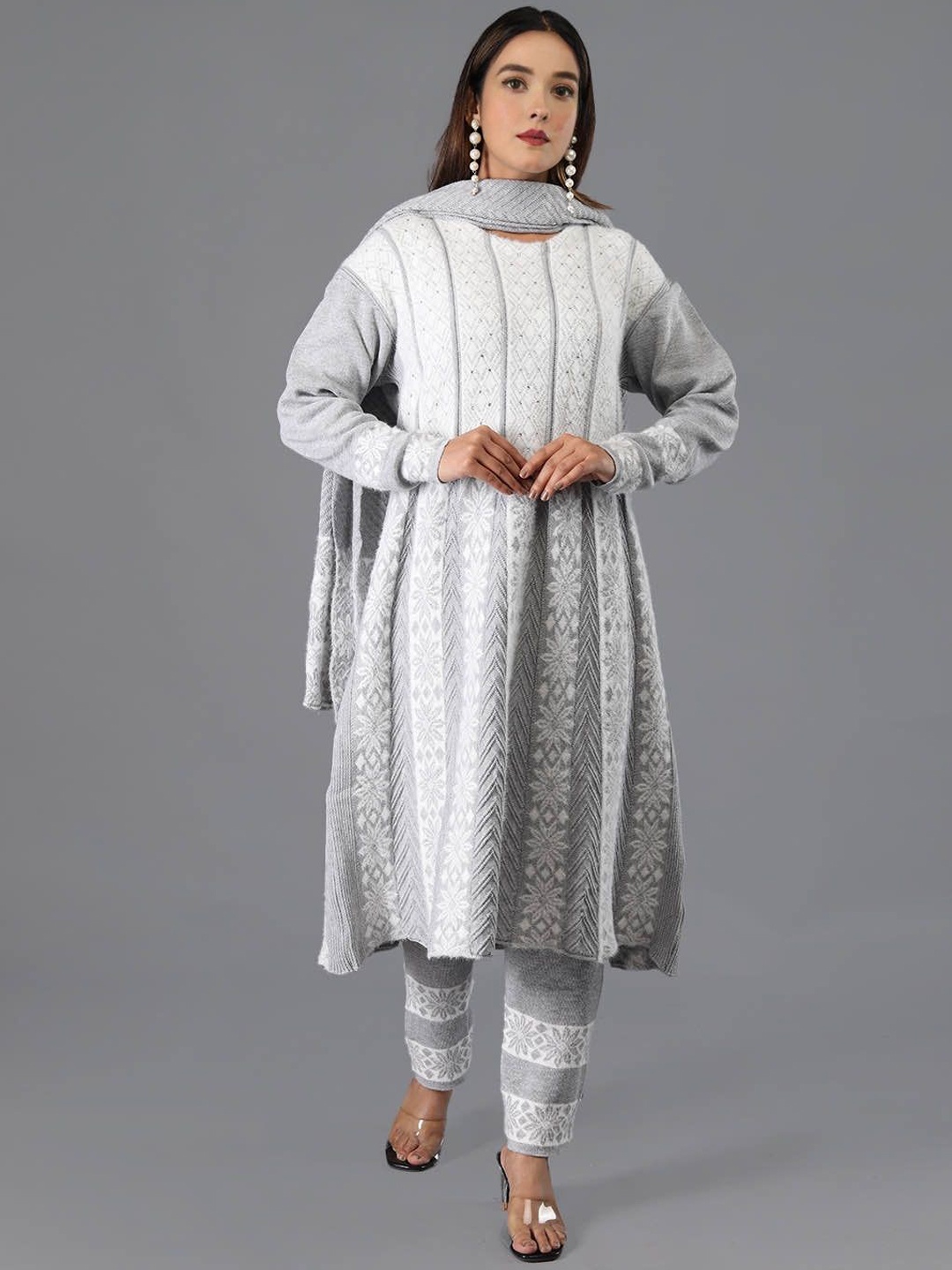 

TYSORT Floral Woven Design Knitted Weave A-Line Kurta With Trouser & Dupatta, Grey