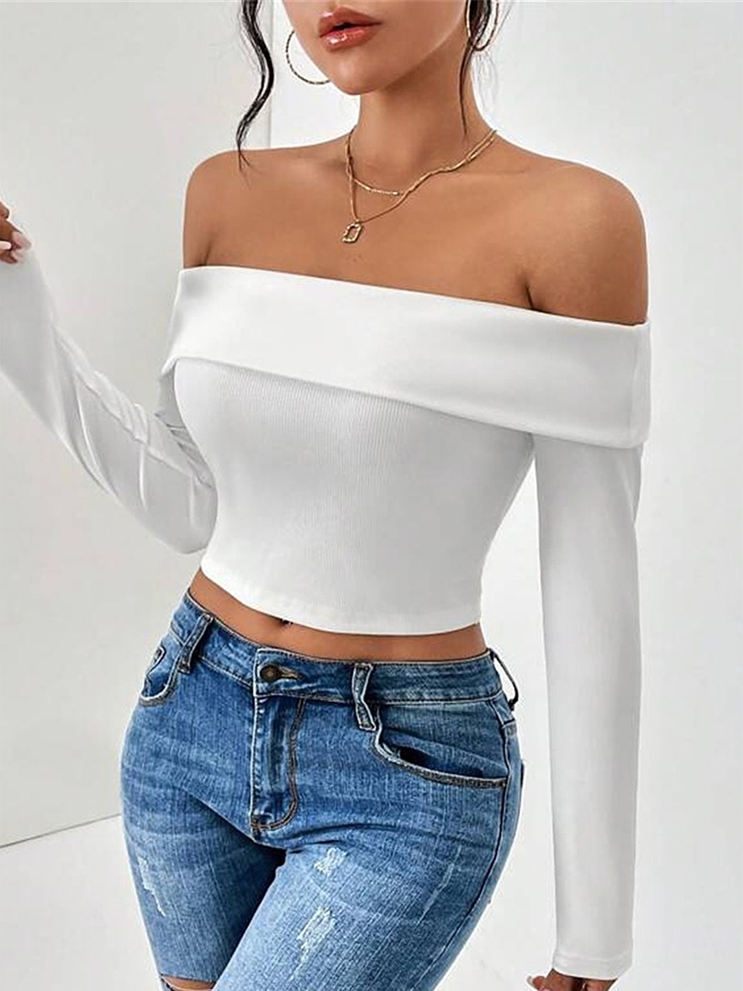 

LULU & SKY Off-Shoulder Bardot Crop Top, White