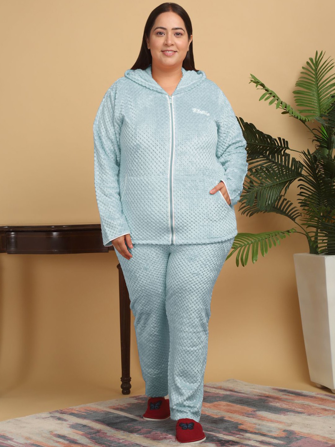 

KLOTTHE Women Plus Size Solid Hooded Woolen Night Suit, Turquoise blue