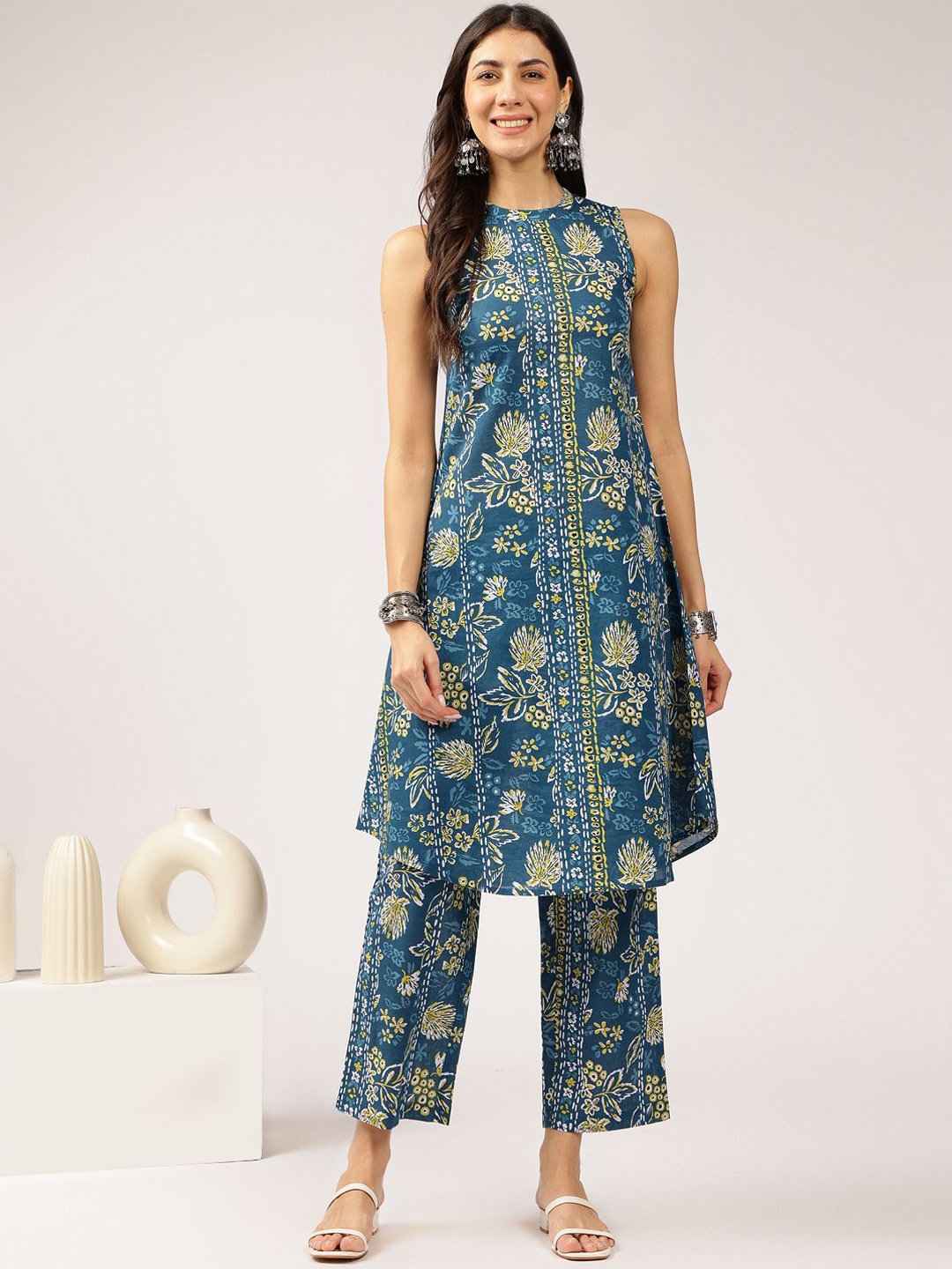 

Anouk Floral Printed Pure Cotton Tunic & Palazzos, Teal