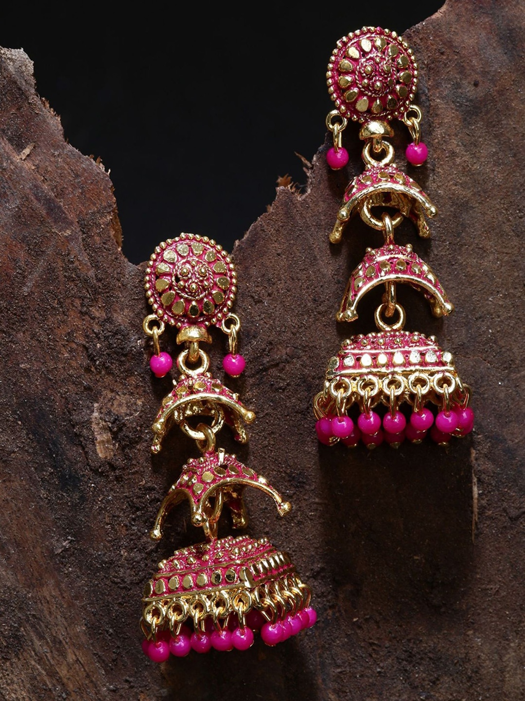 

ANIKAS CREATION Gold-Plated Artificial Beaded Contemporary Jhumkas, Pink