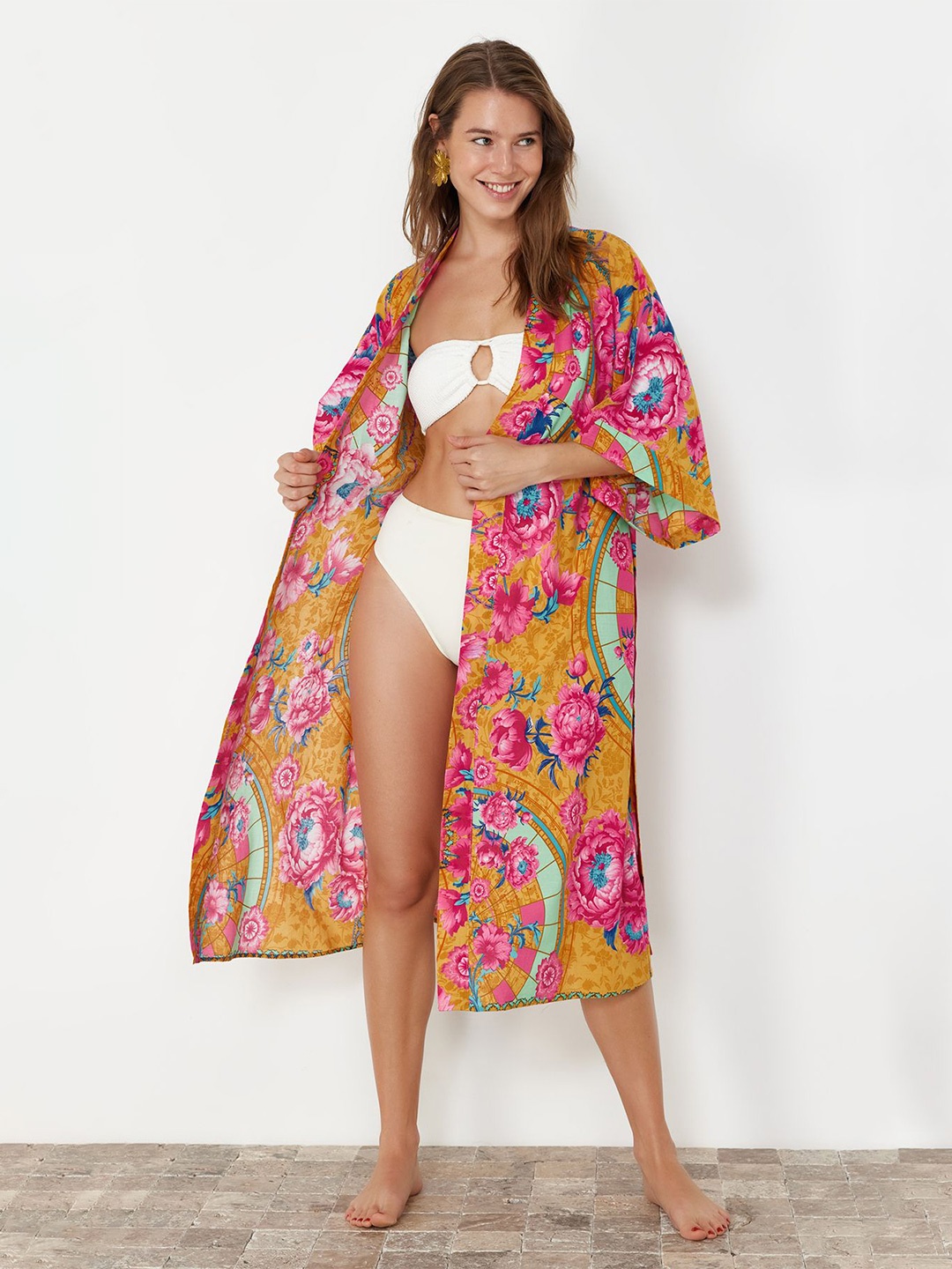 

Trendyol Printed Pure Cotton Swim Coverup Top, Yellow