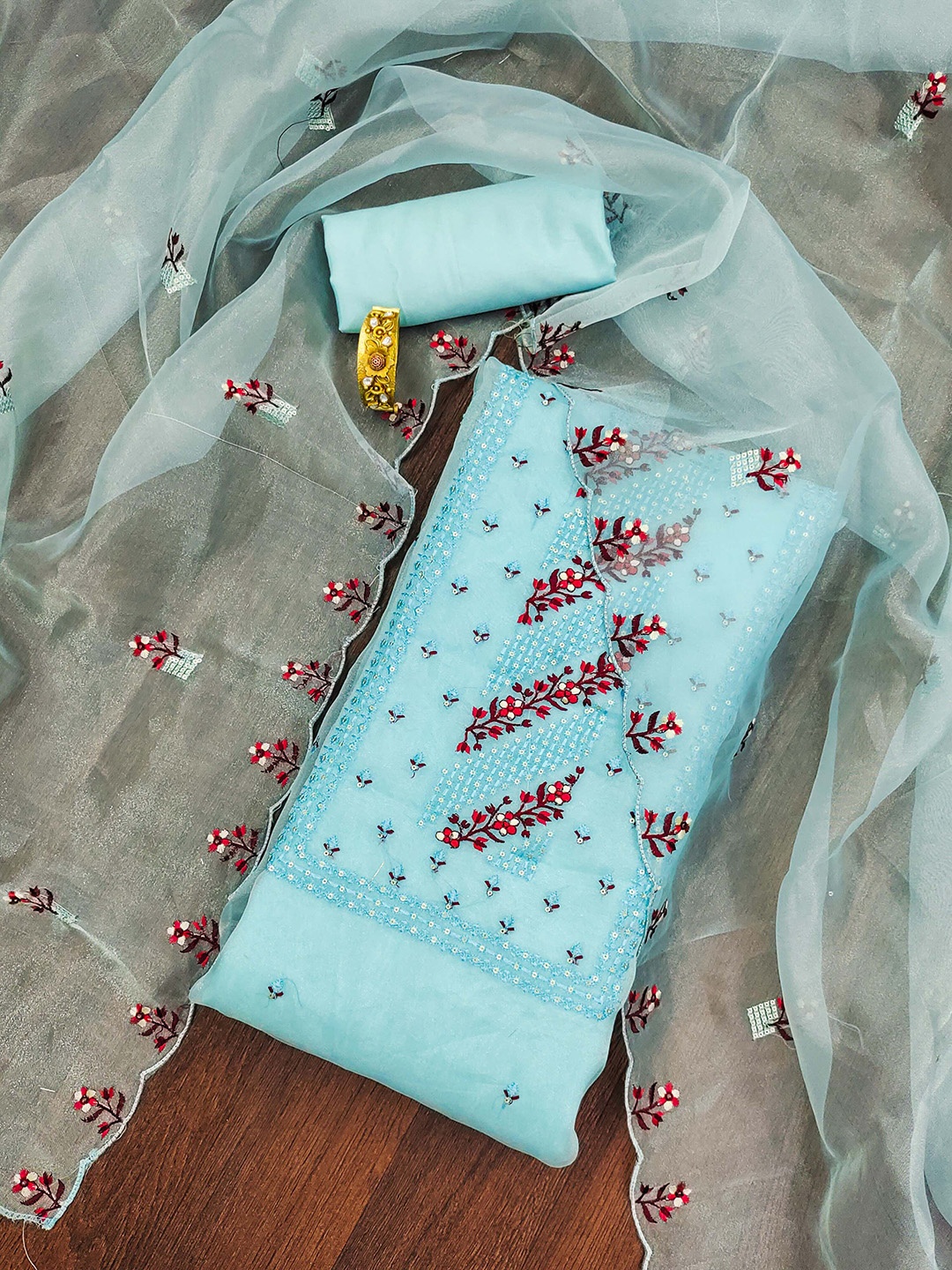 

Ishin Floral Embroidered Sequinned Organza Unstitched Dress Material, Teal