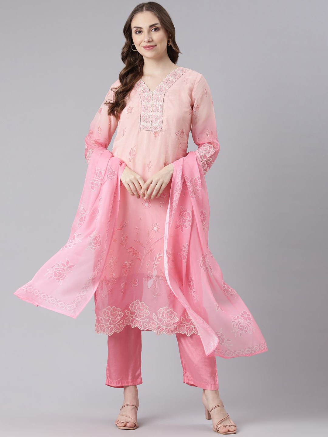 

Neerus Floral Printed Thread Work Straight Kurta with Trousers & With Dupatta, Pink