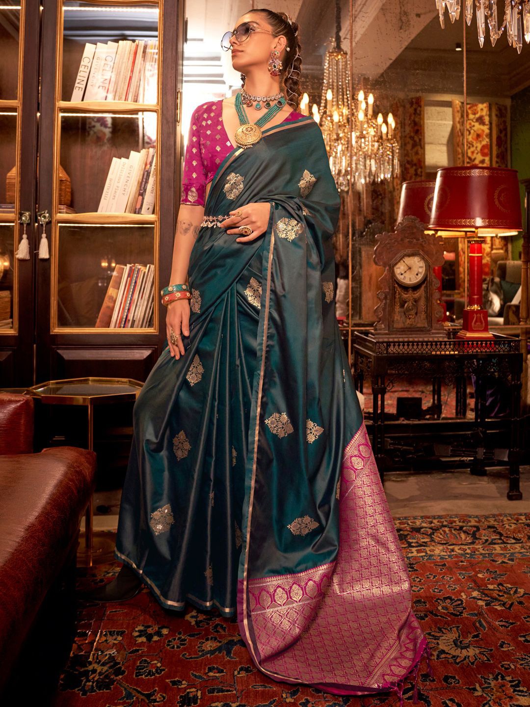 

Mitera Woven Design Satin Banarasi Saree With Zari, Green