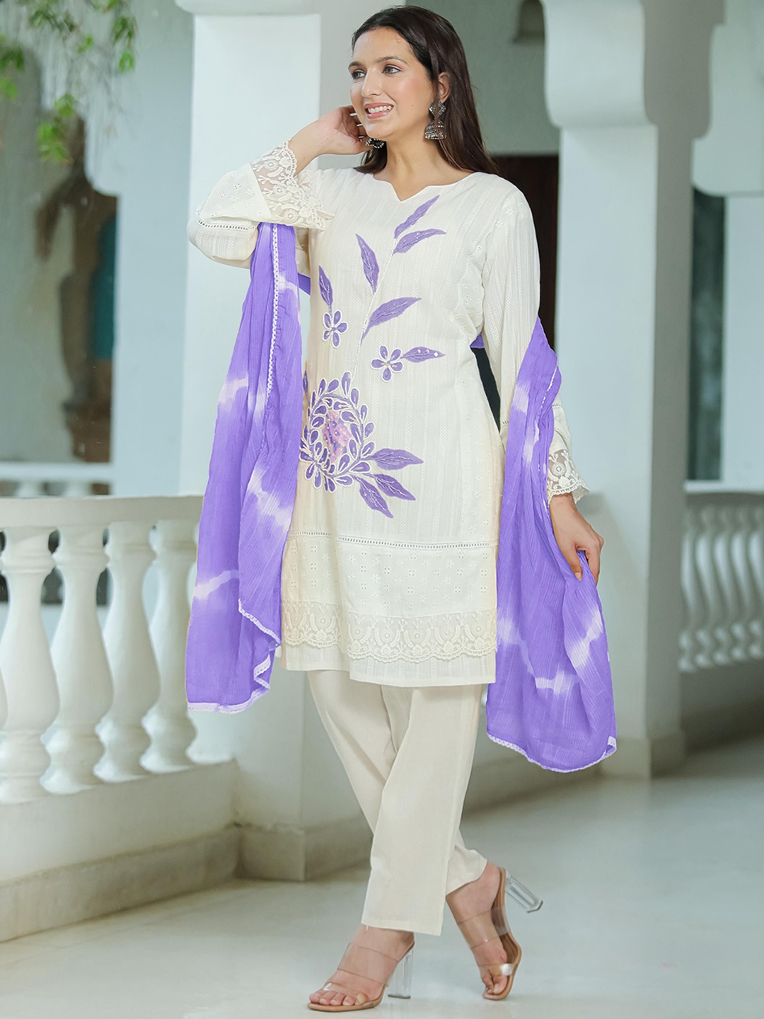 

Anouk White Floral Embroidered Sequinned Pure Cotton A-Line Kurta With Trouser & Dupatta