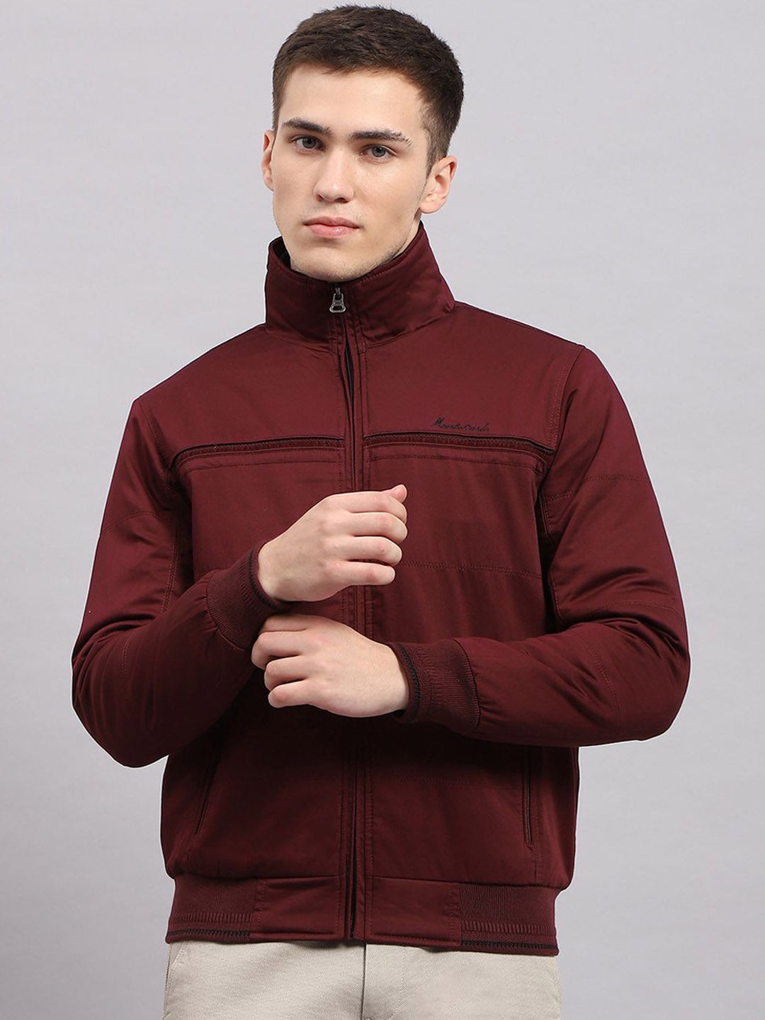 

Monte Carlo Men Solid Mock Collar Bomber Jacket, Maroon