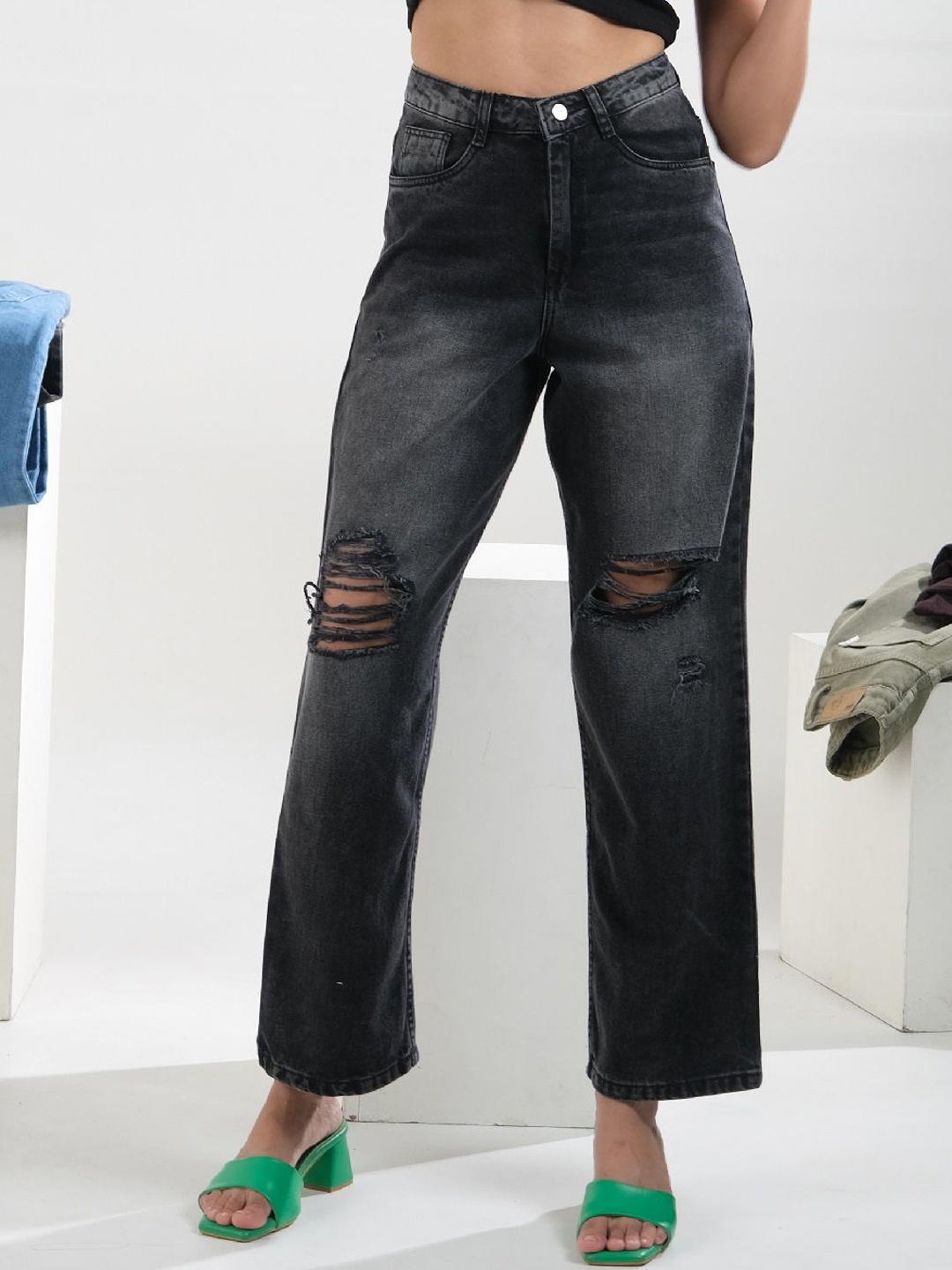 

FILLY Women Straight Fit High-Rise Slash Knee Heavy Fade Jeans, Charcoal