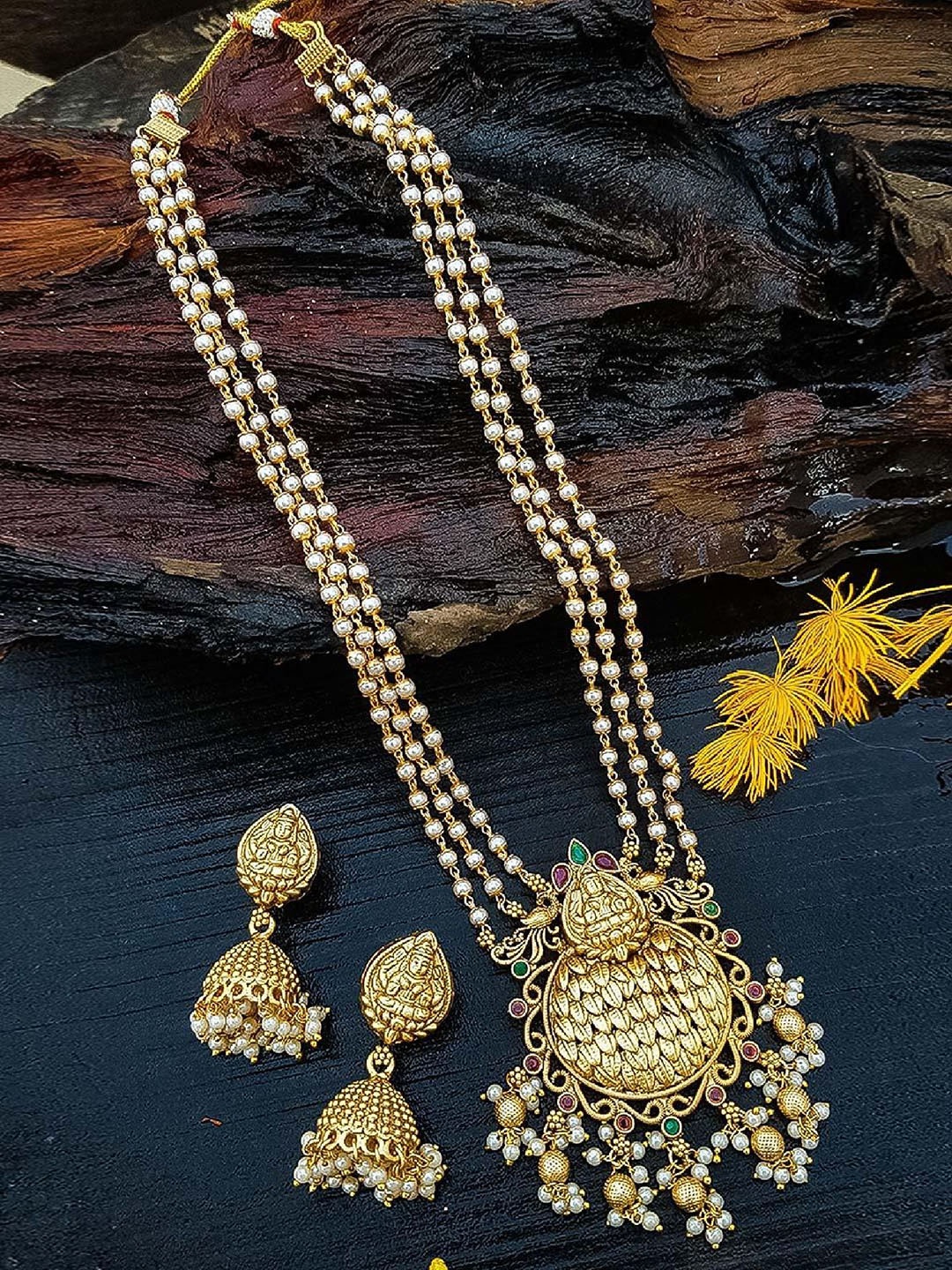 

GRIIHAM Gold-Plated CZ Studded & Beaded Brass Necklace and Earrings