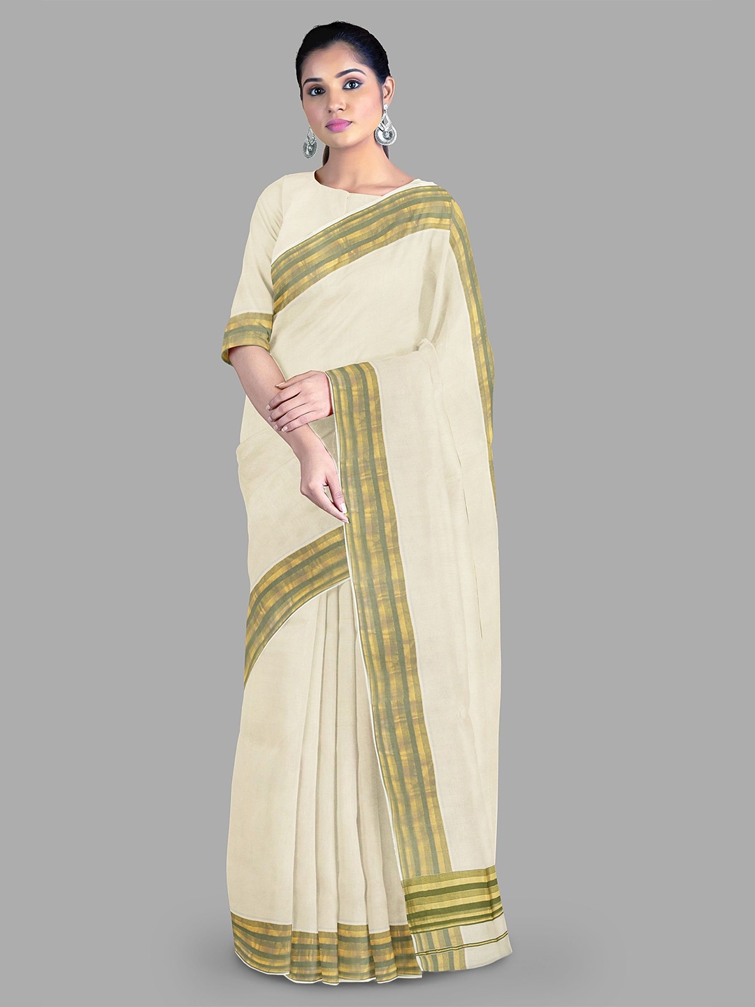 

The Chennai Solid Woven Design Pure Cotton Kasavu Saree, Off white