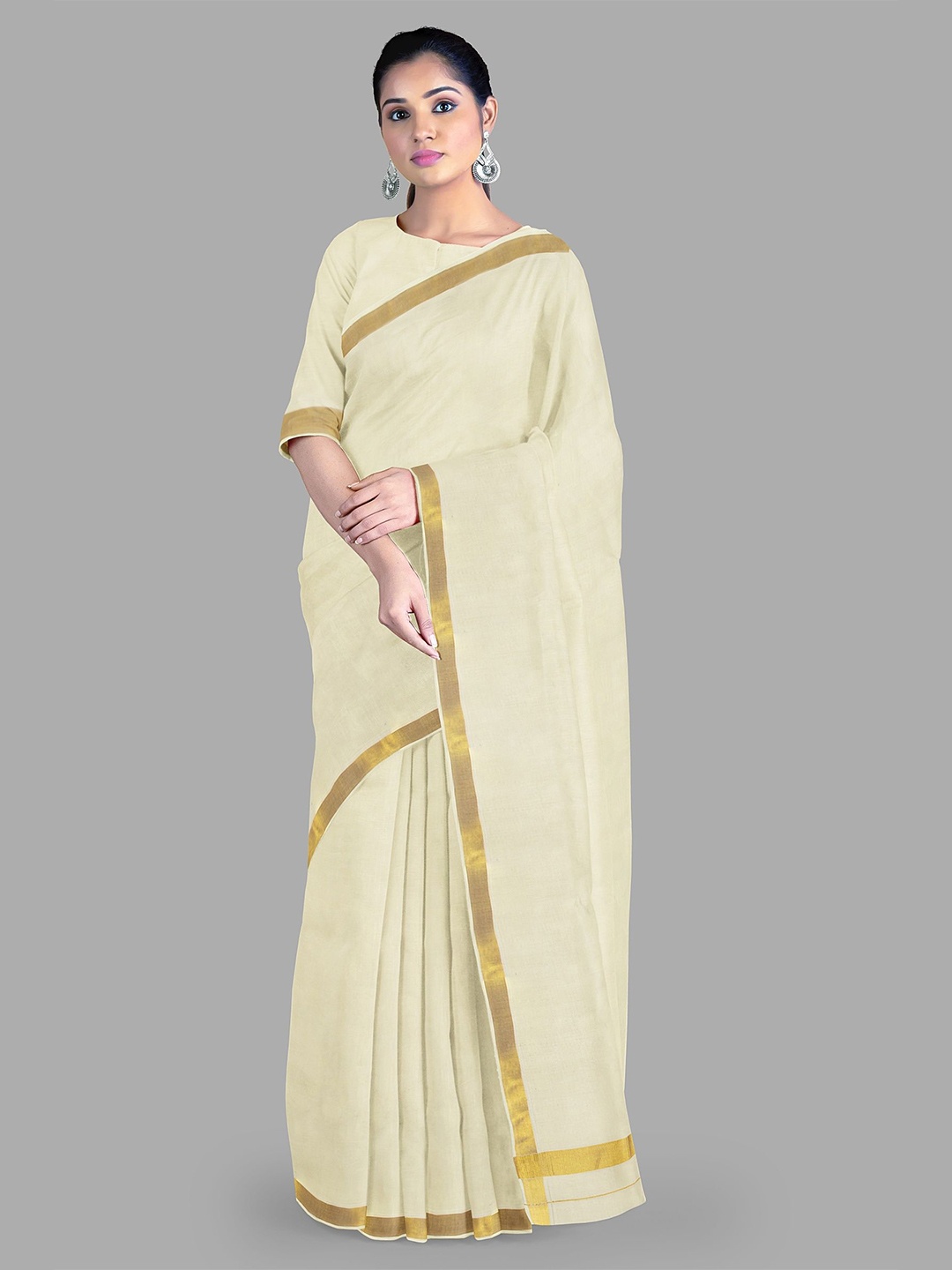 

The Chennai Silks Zari Pure Cotton Kasavu Saree, Off white