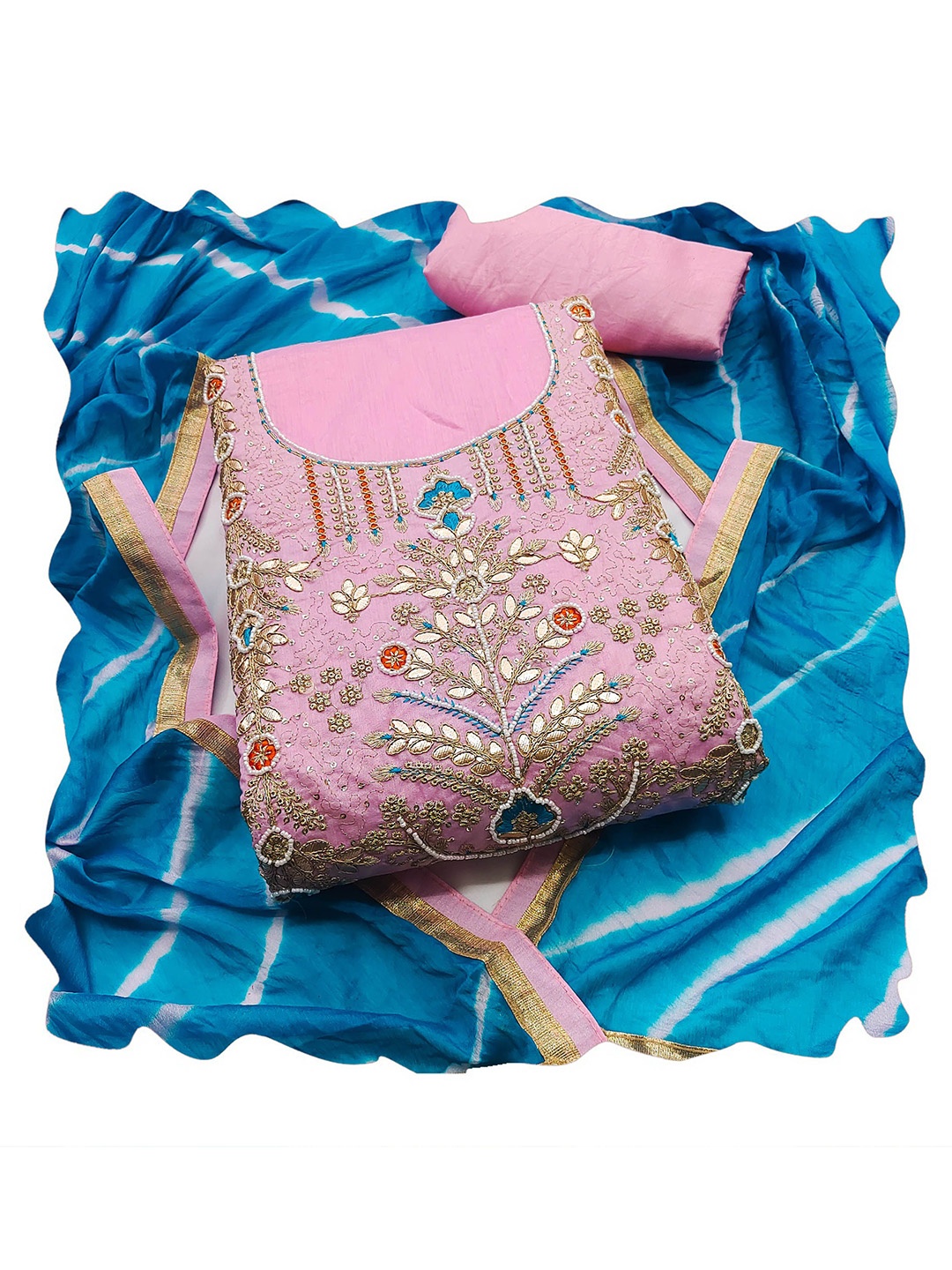 

Ishin Ethnic Motifs Embroidered Beads and Stones Unstitched Dress Material, Pink