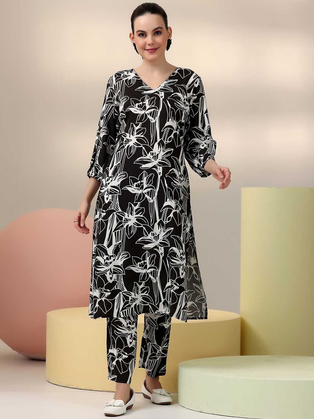 

Libas Floral Printed V-Neck Longline Tunic With Trousers, Black