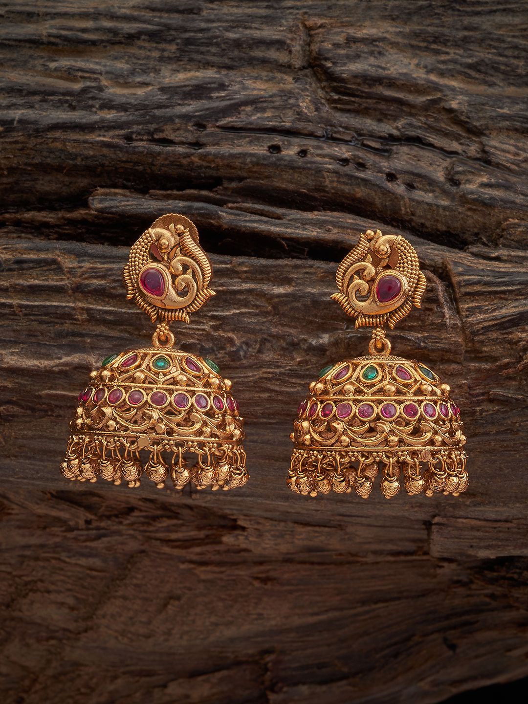 

Kushal's Fashion Jewellery Gold Plated Stone Studded Dome Shaped Antique Jhumkas