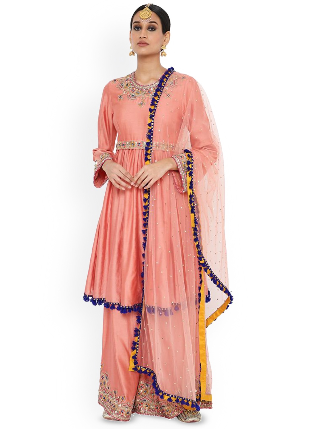 

Payal Singhal Ethnic Motifs Embroidered Sequinned Kurti With Palazzos & Dupatta, Coral