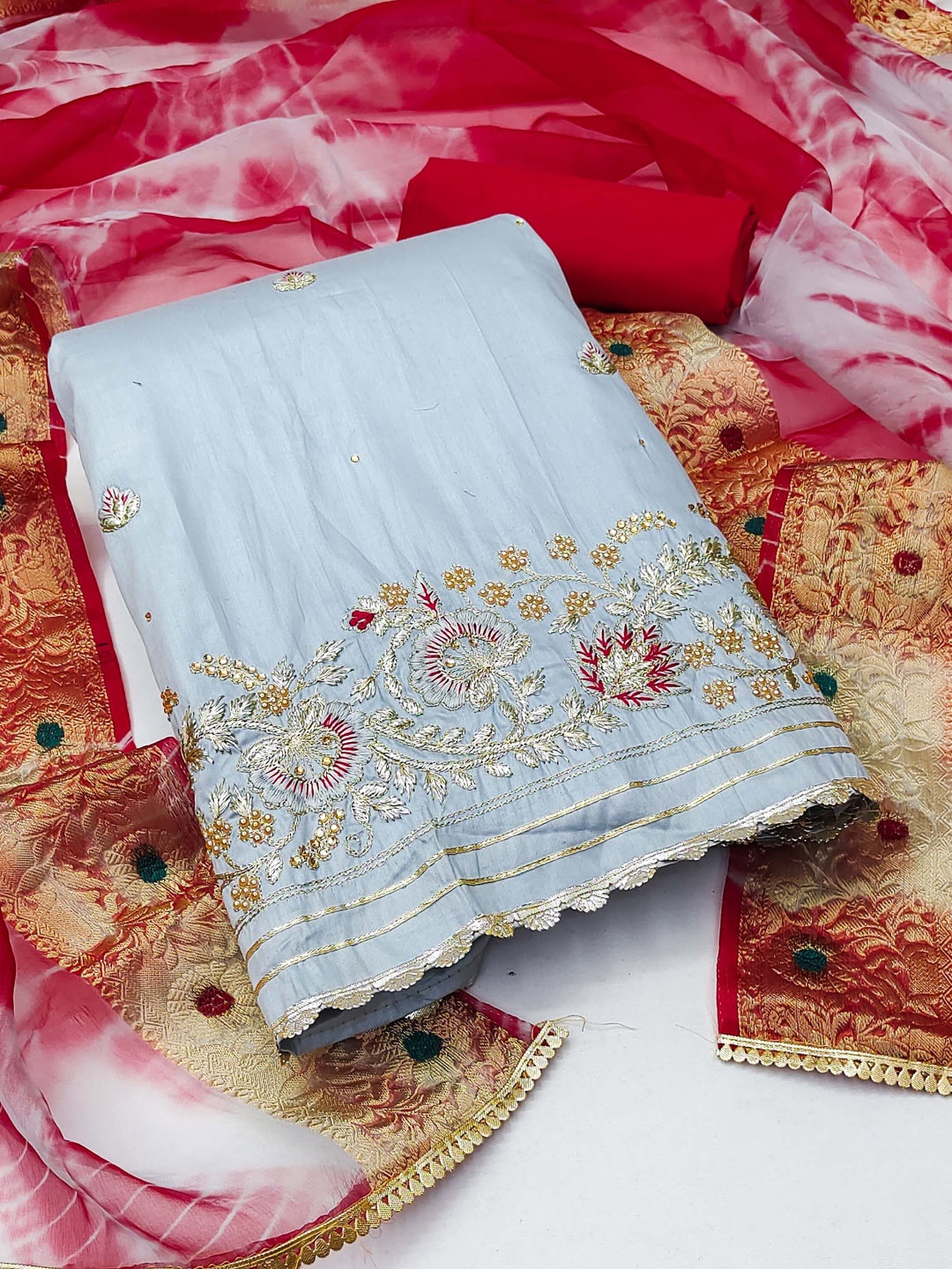 

Ishin Ethnic Motifs Embroidered Pure Cotton Unstitched Dress Material, Grey