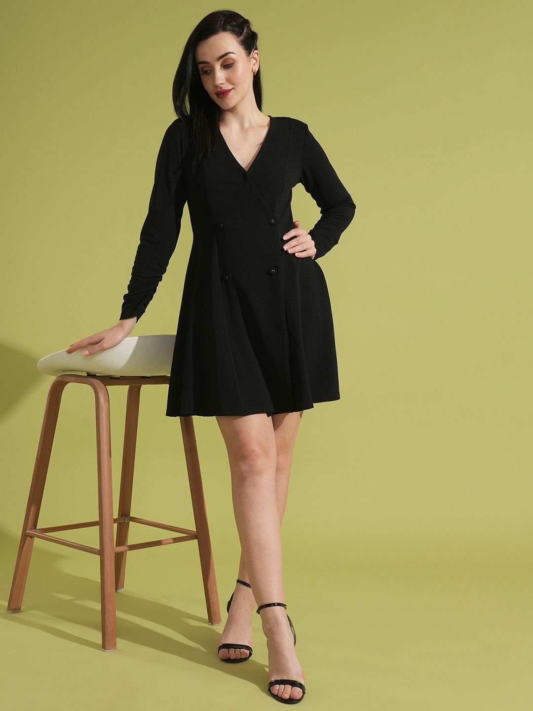 

Globus Ruched Sleeves Hong Button Wrap Dress, Black