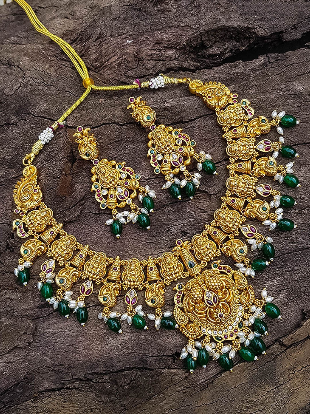

GRIIHAM Gold-Plated CZ Studded & Beaded Brass Necklace and Earrings