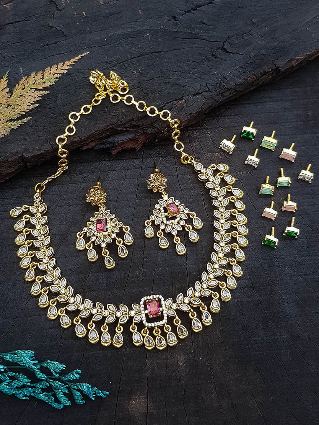 

GRIIHAM Gold-Plated Interchangeable Cubic Zirconia Studded Jewellery Set