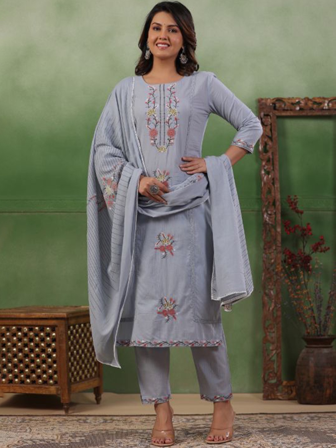

KALINI Floral Embroidered Thread Work Pure Cotton Straight Kurta With Trousers & Dupatta, Turquoise blue