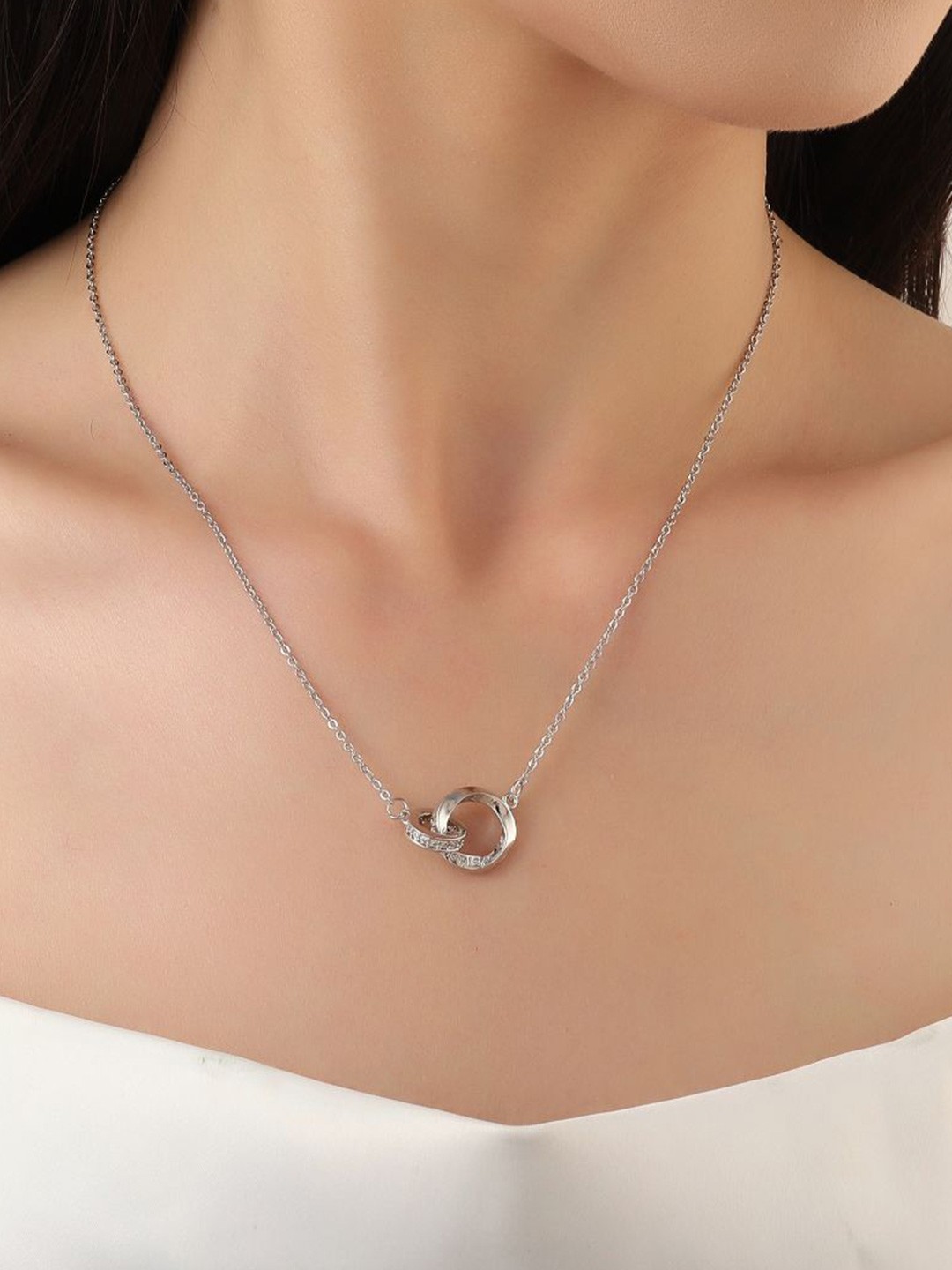 

SALTY Stainless Steel Stone Studded Blyana Two Loop Ring Necklace, Silver