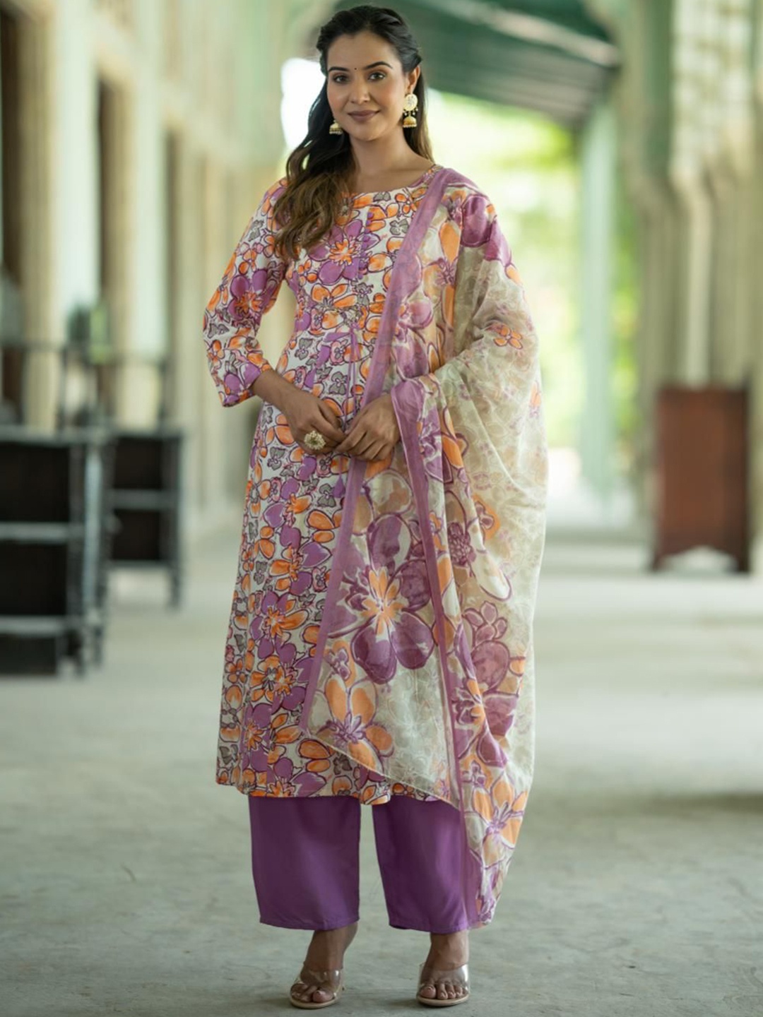 

KALINI Floral Printed Pure Cotton Anarkali Kurta with Trousers & With Dupatta, Purple