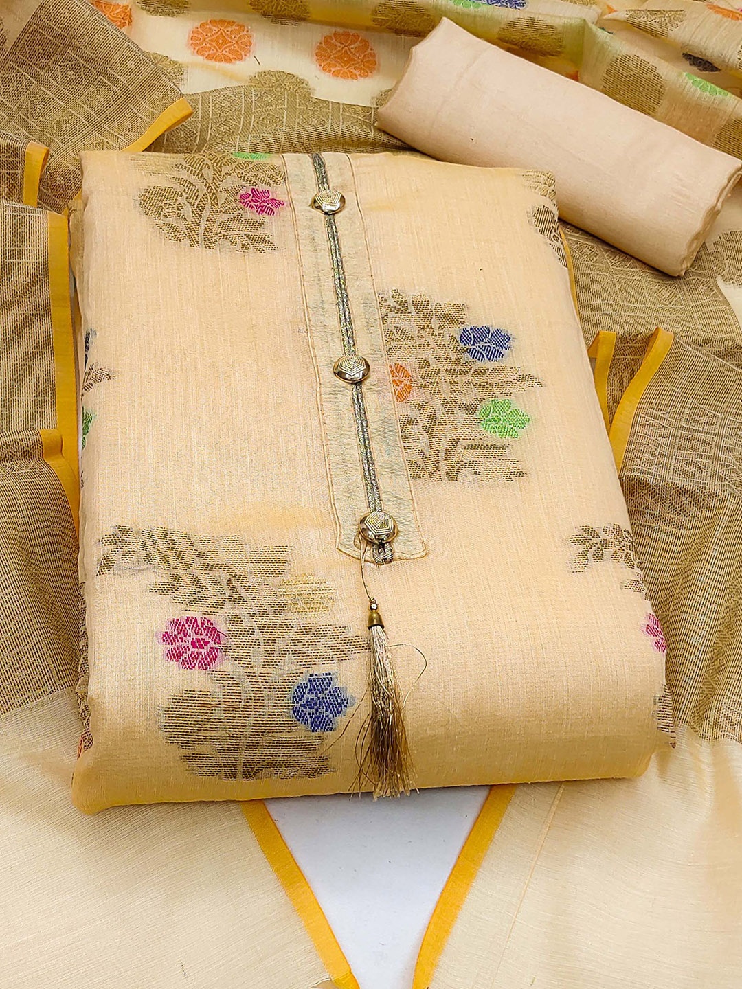 

Ishin Ethnic Motifs Woven Design Zari Unstitched Dress Material, Beige