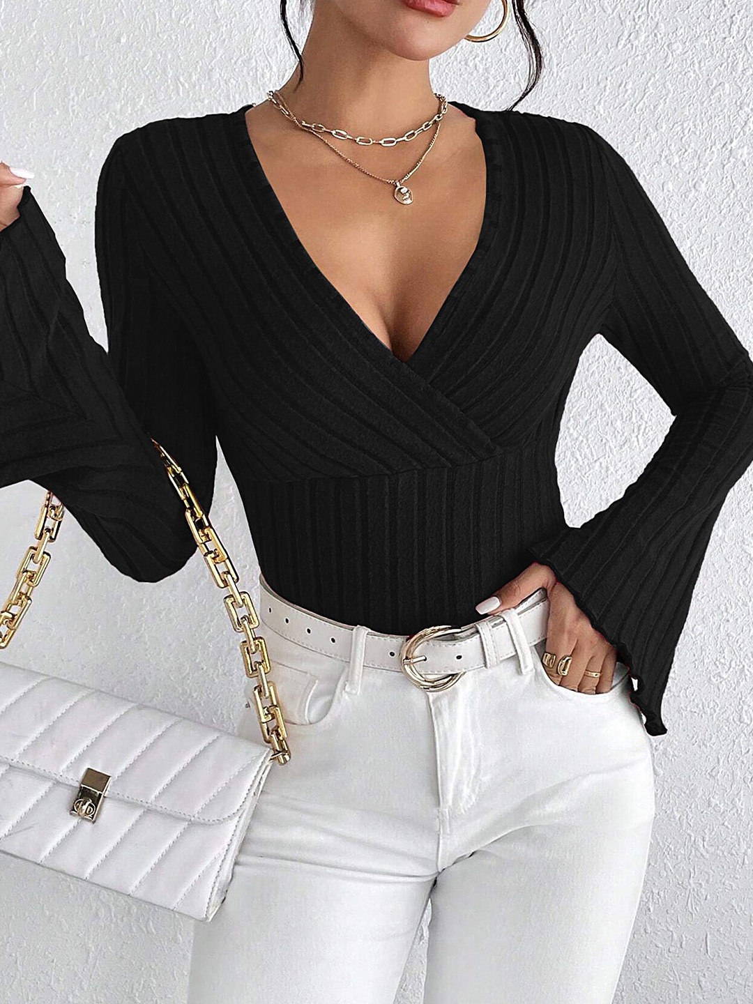 

LULU & SKY Striped Wrap Top, Black