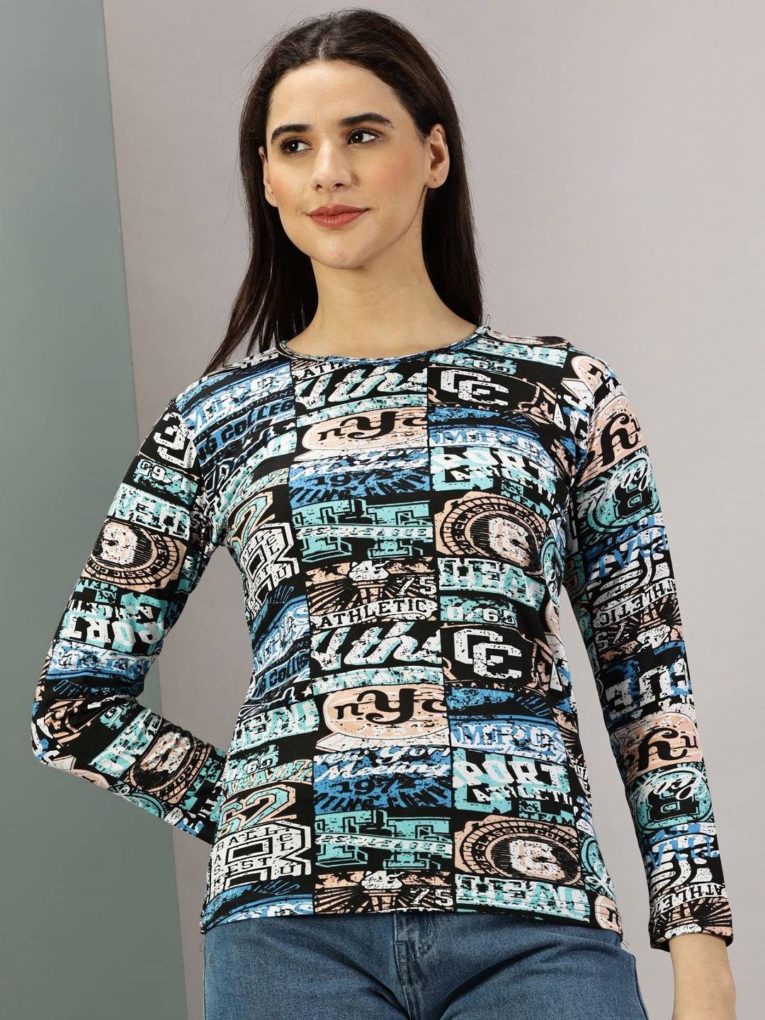

Rodzen Women Abstract Printed Round Neck Cotton T-shirt, Blue