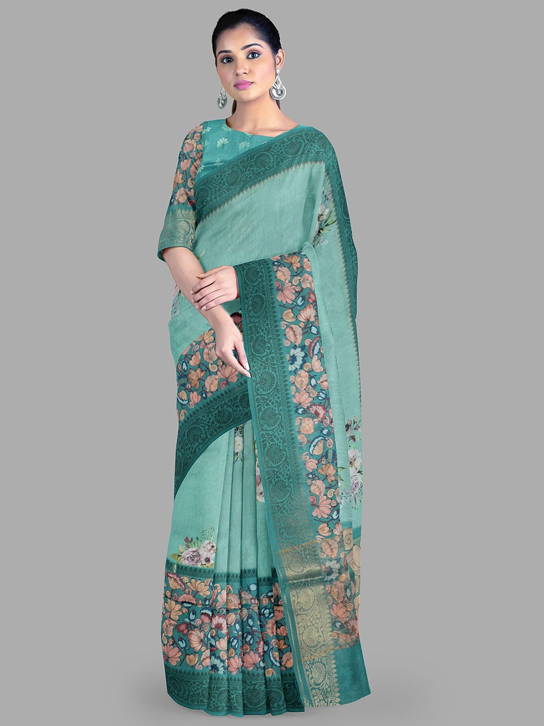 

The Chennai Silks Floral Zari Baluchari Saree, Teal