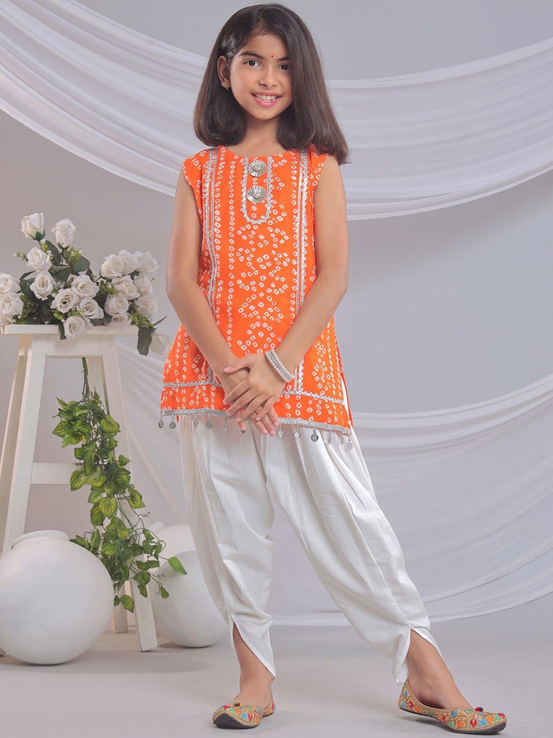 

misbis Girls Bandhani Printed Gotta Patti Pure Cotton Kurti with Dhoti Pant, Orange