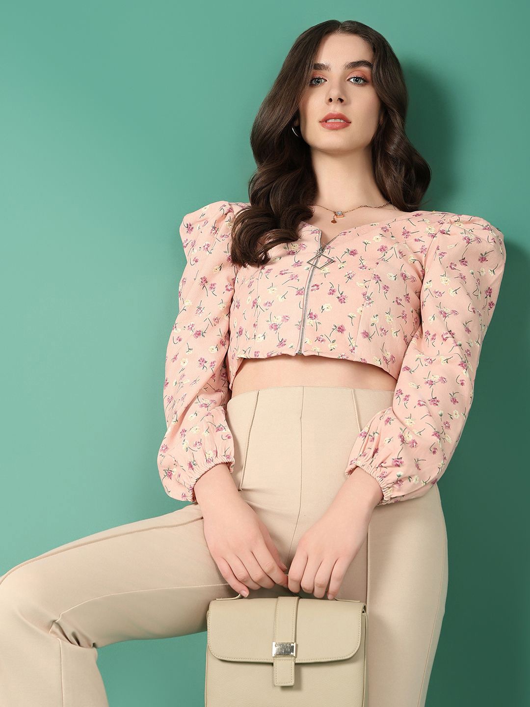 

SHOWOFF Floral Print Puff Sleeve Crop Top, Pink