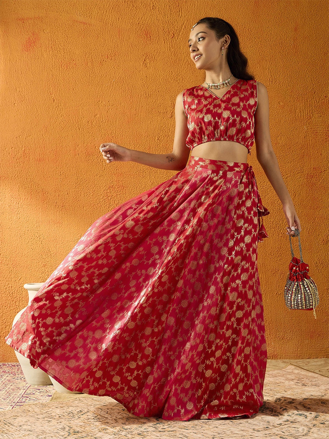 

Noh.Voh - SASSAFRAS Kids Girls Woven Design Zari Ready to Wear Lehenga & Choli, Red