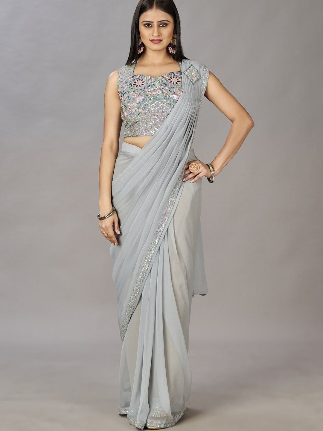 

JIVORA Pure Georgette Ready to Wear Saree, Grey