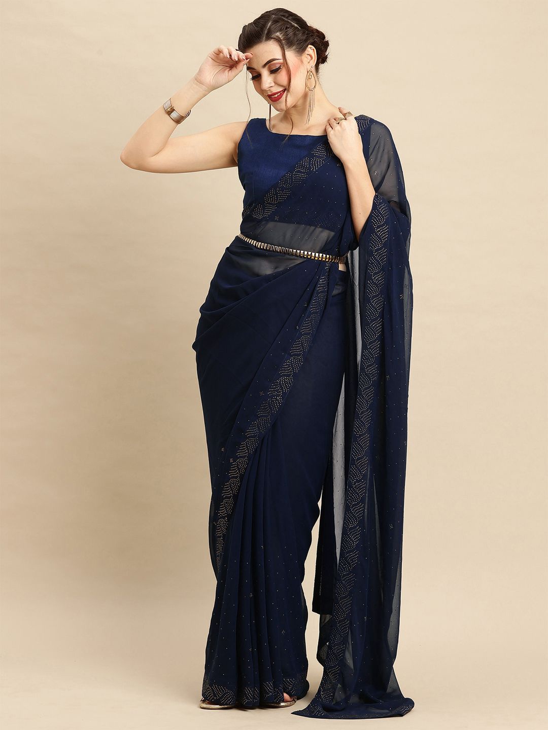 

KALINI Beads and Stones Embellished Party Wear Saree with Matching Blouse, Navy blue