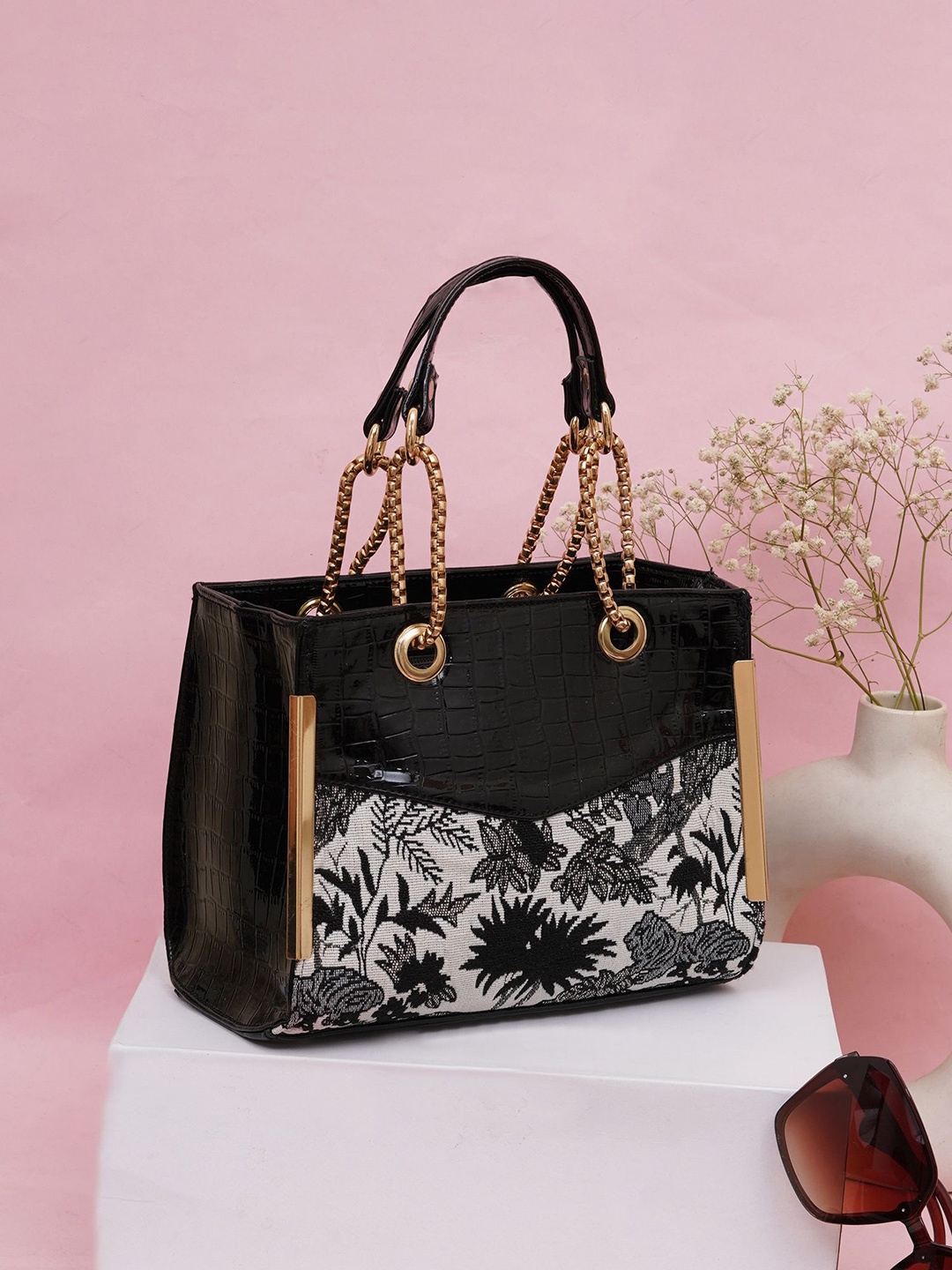 

FABBHUE Floral Printed Structured Handheld Bag, Black