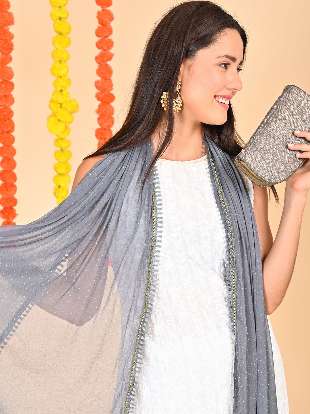 

HELLA FASHIONS Polka Dots Foil Print Chiffon Dupatta, Grey