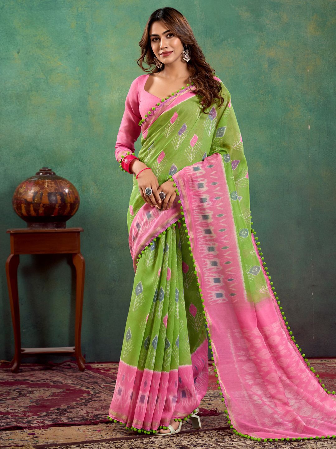 

Saree mall Ethnic Motifs Printed Phulkari Bagh Sarees, Green