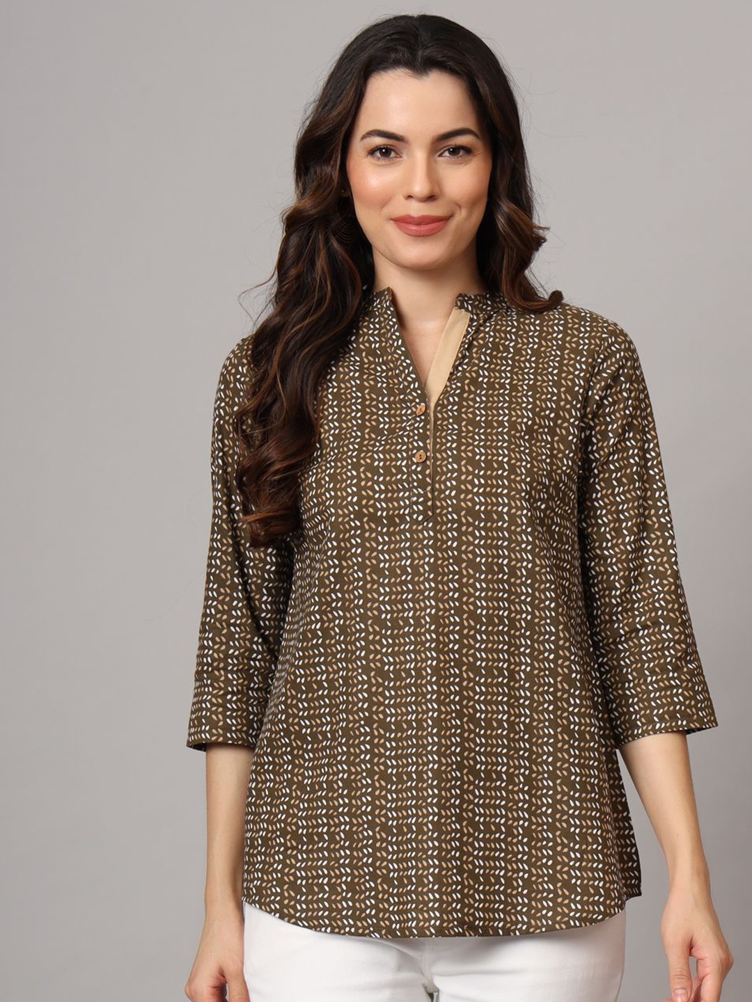 

Anouk Rustic Mandarin Collar Printed Tunic, Brown