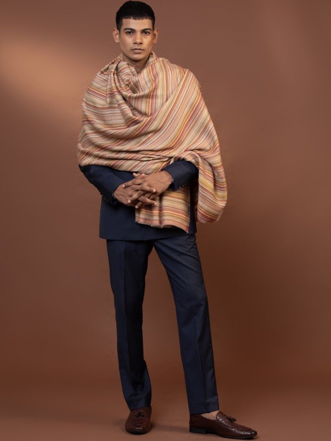 

MODARTA Striped Woollen Fringed Border Shawl, Brown
