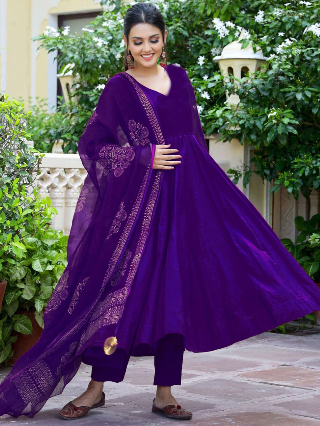 

Anni Designer Floral Printed Regular Anarkali Kurta with Trousers & Dupatta, Purple