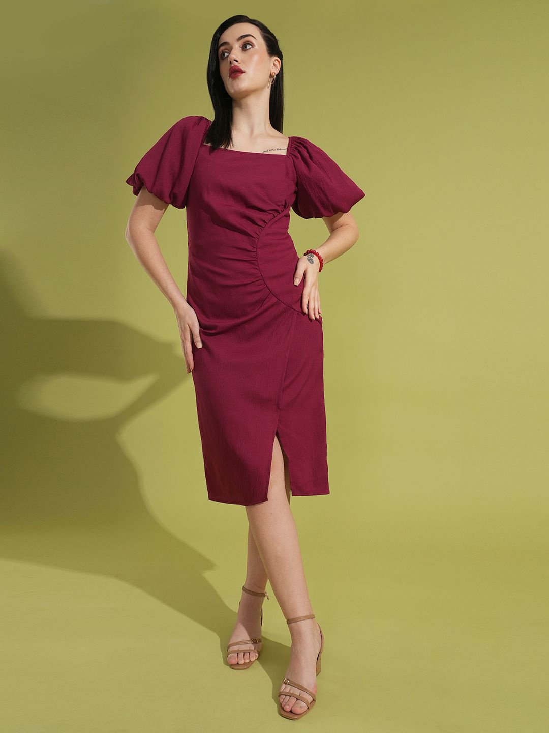 

Globus Puff Sleeve Sheath Midi Dress, Rose